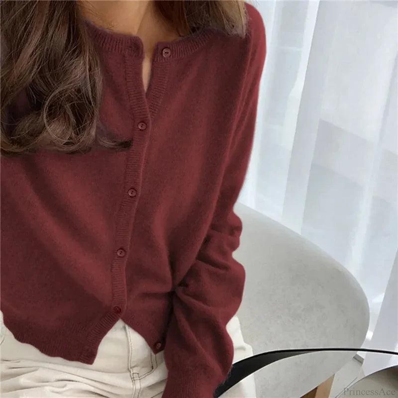 Single Breasted Solid Round Neck Knitted Cardigan cardiagn-250126