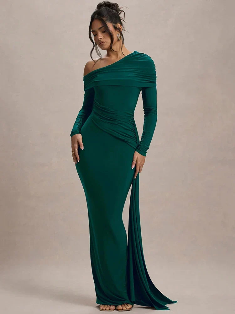 Skew Collar Long Sleeve Maxi Party Dress Partydress-241208
