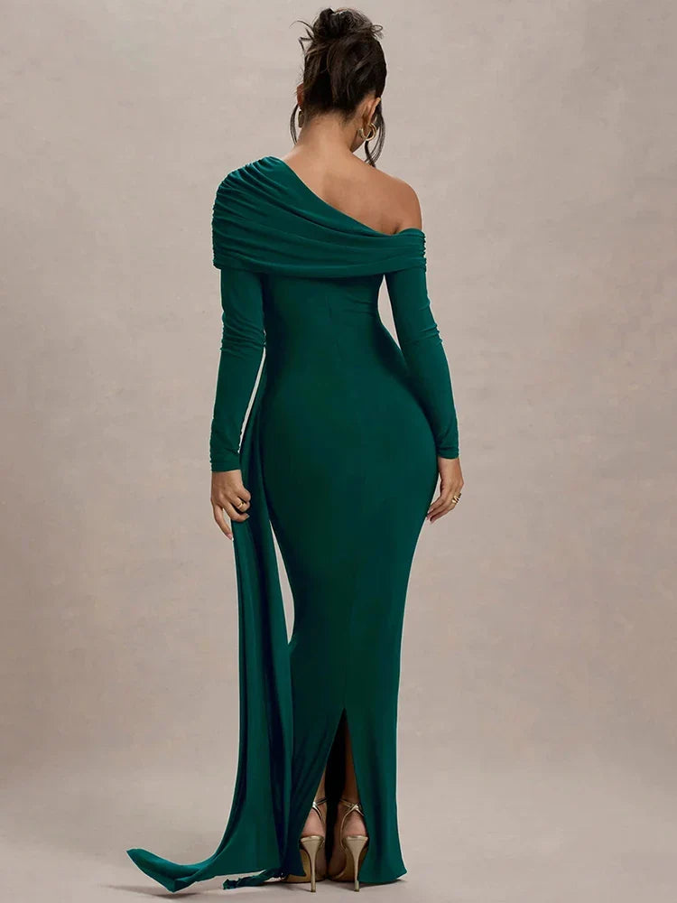 Skew Collar Long Sleeve Maxi Party Dress Partydress-241208