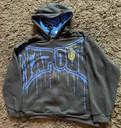 Skull Patchwork Zipper Hoodie blue / S