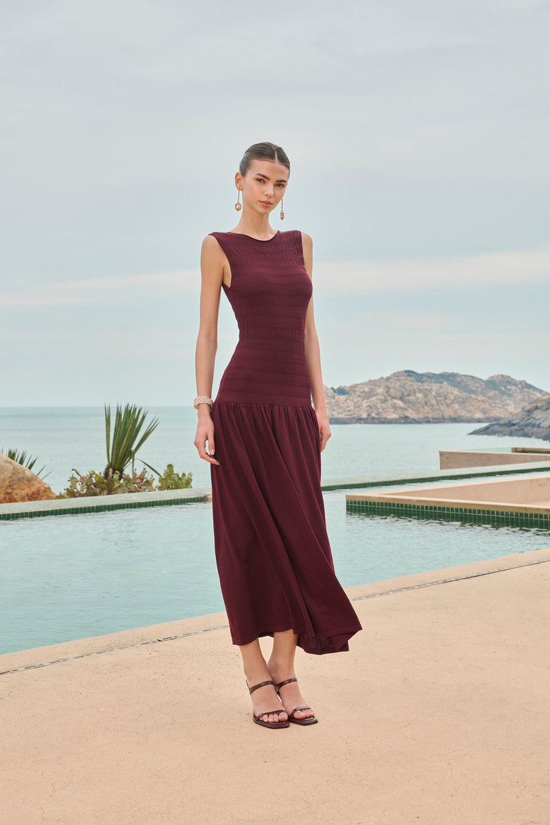 Sleeveless shirred maxi dress
