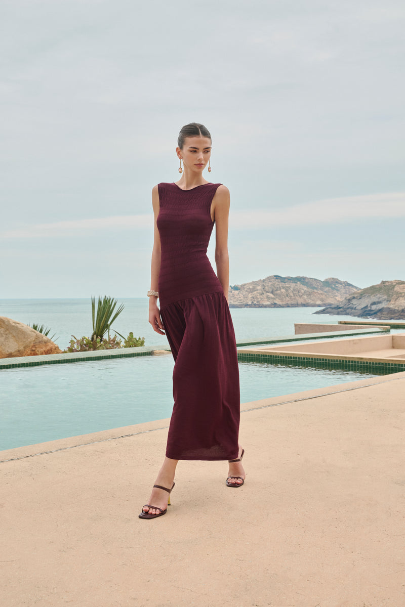 Sleeveless shirred maxi dress