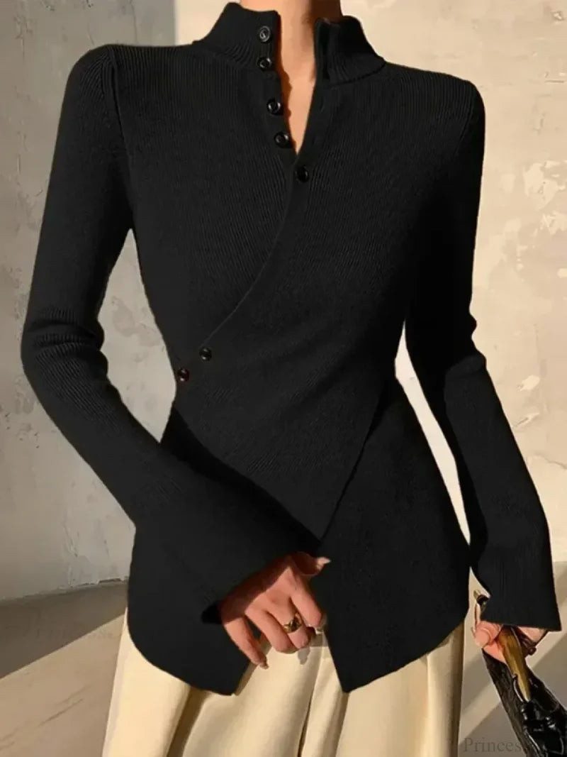 Solid Color Asymmetric Long Sleeve Sweater Black / S
