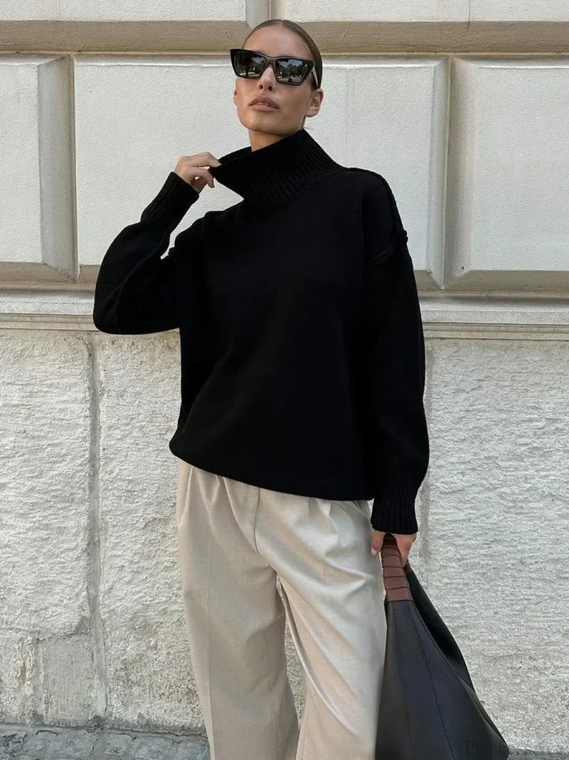Solid Color Fashion Turtleneck Sweater Black / S