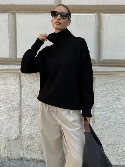 Solid Color Fashion Turtleneck Sweater Black / S