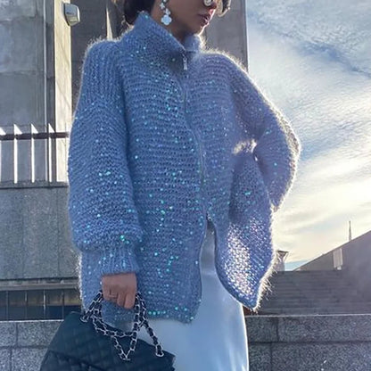 Solid Color Sequin Turtleneck Cardigan Blue / S Cardigan-241208