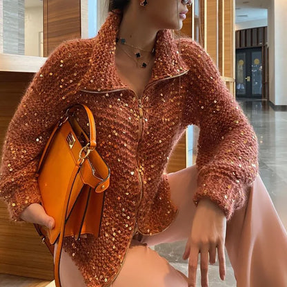 Solid Color Sequin Turtleneck Cardigan Orange / S Cardigan-241208
