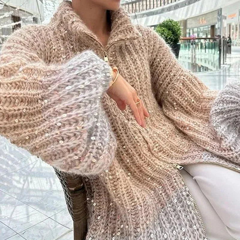 Solid Color Sequin Turtleneck Cardigan Khaki / S Cardigan-241208