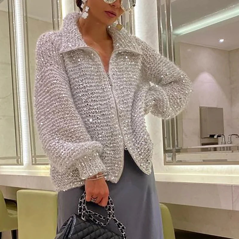 Solid Color Sequin Turtleneck Cardigan Cardigan-241208