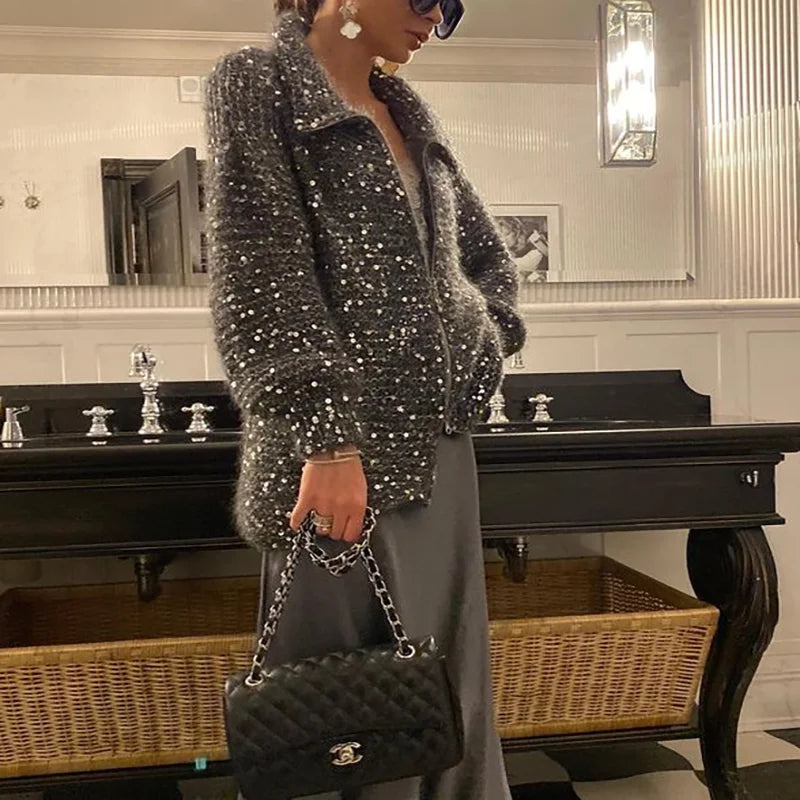 Solid Color Sequin Turtleneck Cardigan Black / S Cardigan-241208