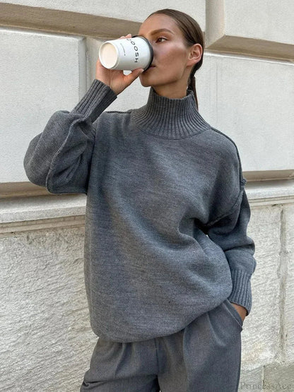 Solid Color Turtleneck Thick Loose Sweater Dark Gray / S