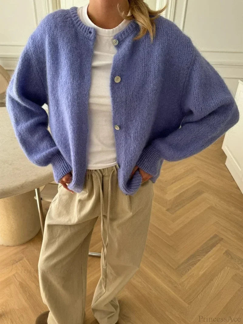 Solid Fuzzy Button Down Knit Cardigan