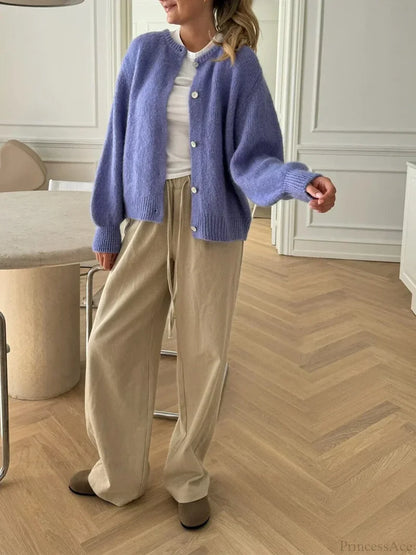 Solid Fuzzy Button Down Knit Cardigan