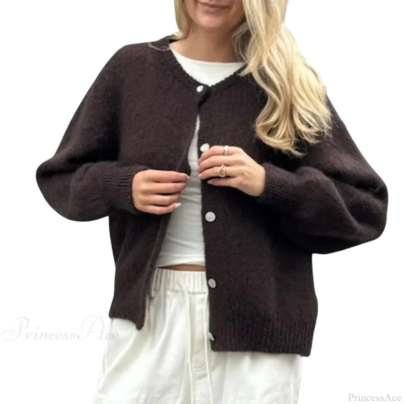 Solid Fuzzy Button Down Knit Cardigan Dark Brown / S