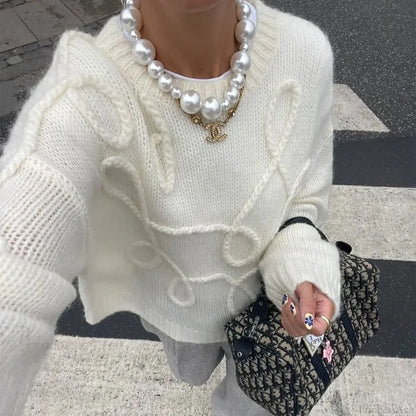 Solid O-neck Long Sleeve Casual Sweater White / S