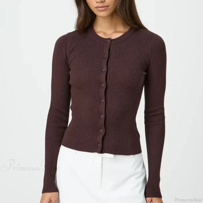 Solid Ribbed Button Up Slim Knit Cardigan Brown / S cardiagn-250126