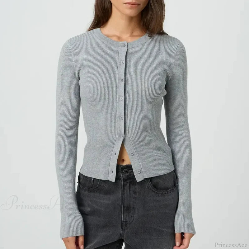 Solid Ribbed Button Up Slim Knit Cardigan GRAY / S cardiagn-250126