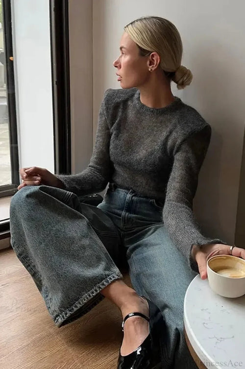 Solid Round Neck Thin Bodycon Sweater Grey / S