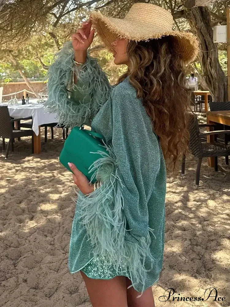 Solid Shiny Feathered Patchwork Stand Collar Coat