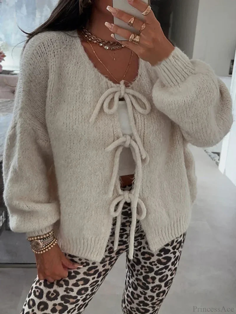 Solid Tie Front Round Neck Loose Cardigan Beige / S