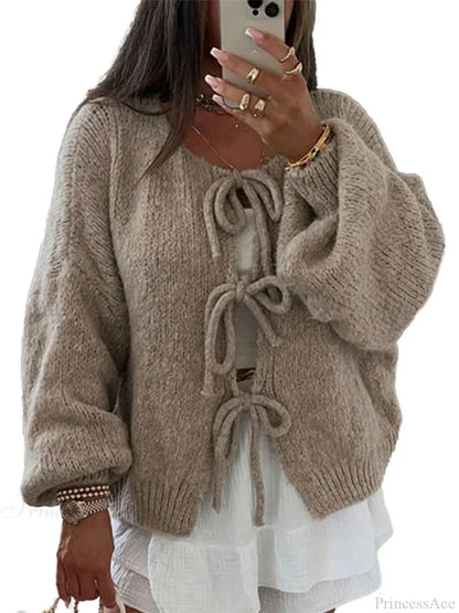 Solid Tie Front Round Neck Loose Cardigan Khaki / S