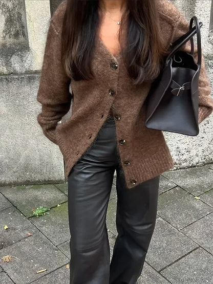 Solid V-neck Mohair Loose Cardigan Brown / S