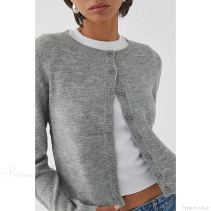 Solid Vintage Round Neck Button Cardigan Light Grey / S