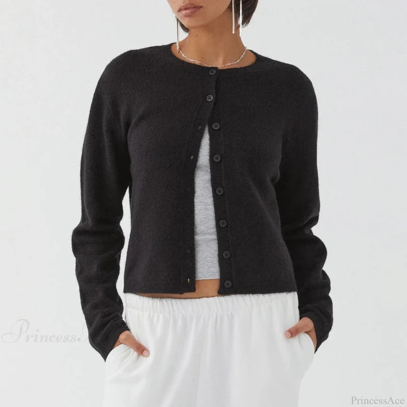 Solid Vintage Round Neck Button Cardigan Black / S