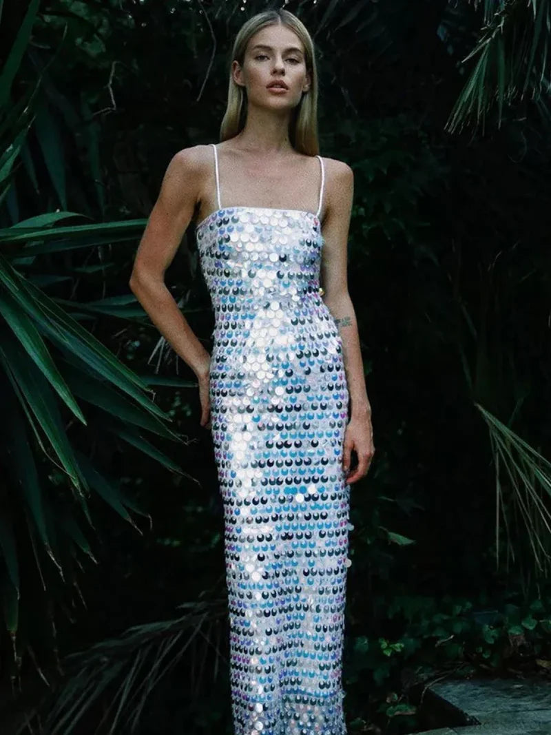 Sparkling Sexy Slim Sequin Dress Spaghetti Strap Sleeveless Sling Christmas Party Dresses-L
