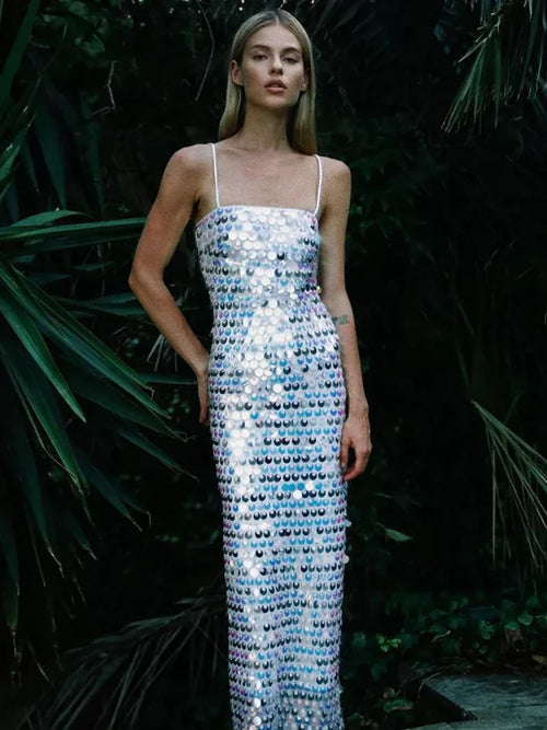 Sparkling Sexy Slim Sequin Dress Spaghetti Strap Sleeveless Sling Christmas Party Dresses-L