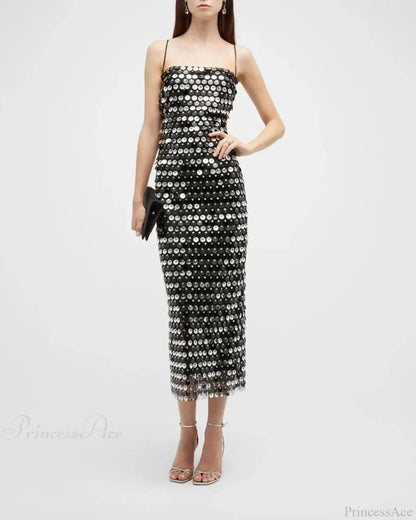 Sparkling Sexy Slim Sequin Dress Spaghetti Strap Sleeveless Sling Christmas Party Black / S
