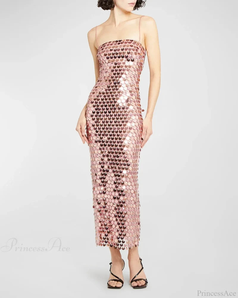 Sparkling Sexy Slim Sequin Dress Spaghetti Strap Sleeveless Sling Christmas Party Dresses-L