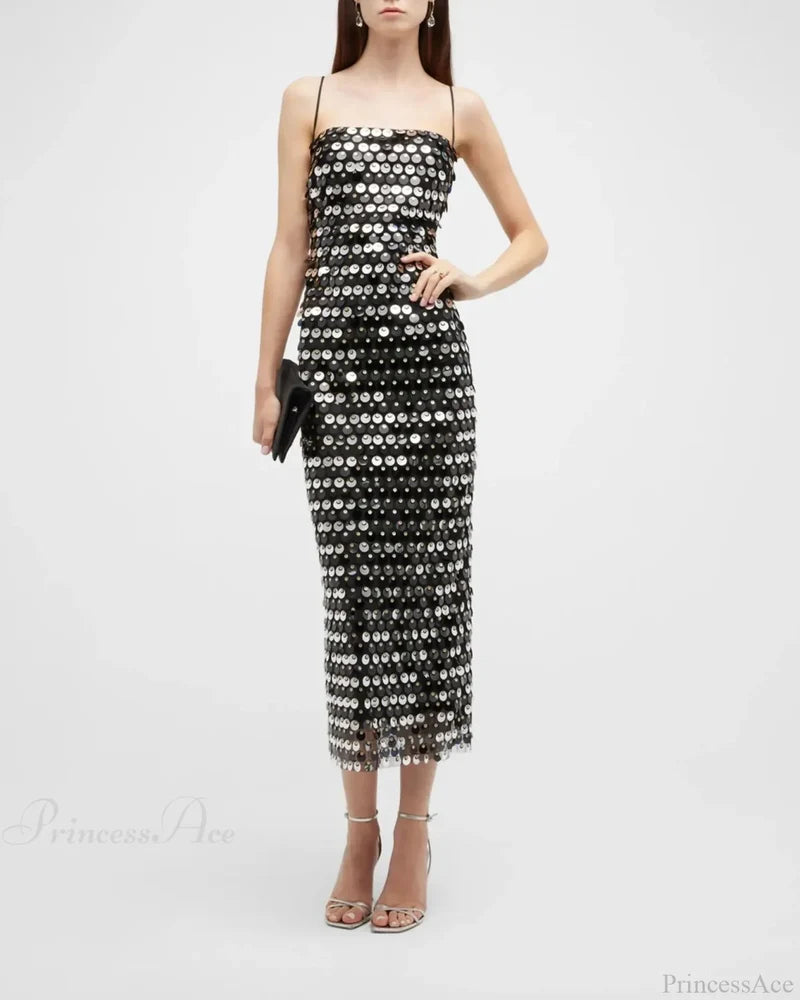Sparkling Sexy Slim Sequin Dress Spaghetti Strap Sleeveless Sling Christmas Party Dresses-L