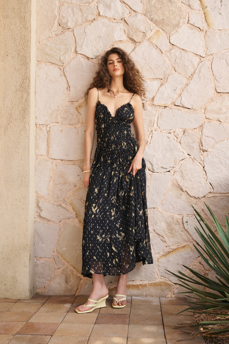 Speckle print smocked waist dress