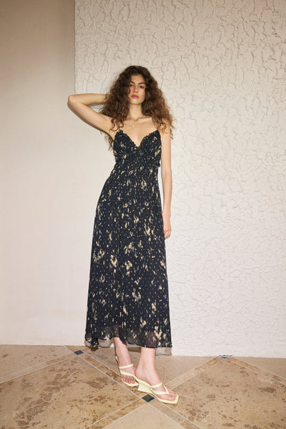 Speckle print smocked waist dress