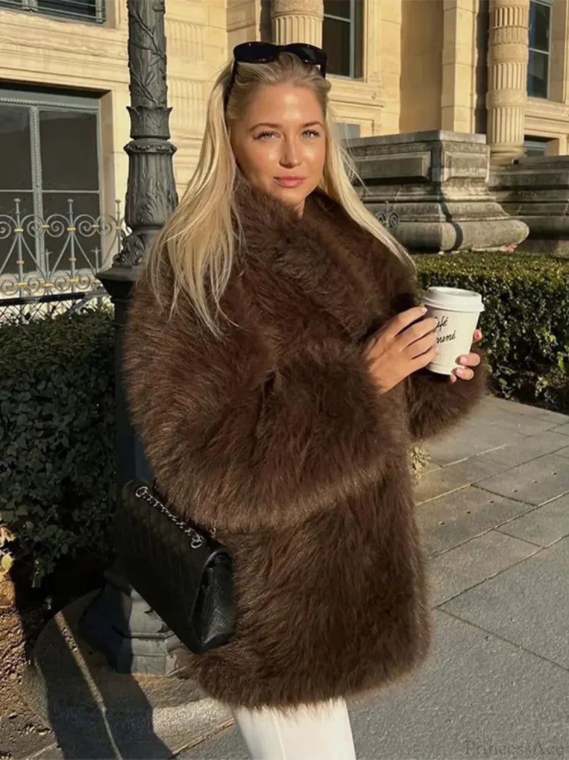 Stand Collar Fluffy Winter Coat Brown / S