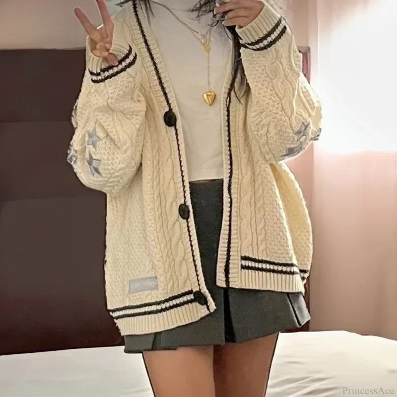 Star Embroidery Knit Button-up Cardigan white / S
