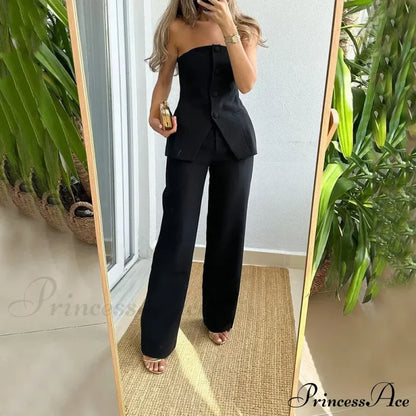 Strapless Button Top Long Pants Slim Party Sleeveless Suit