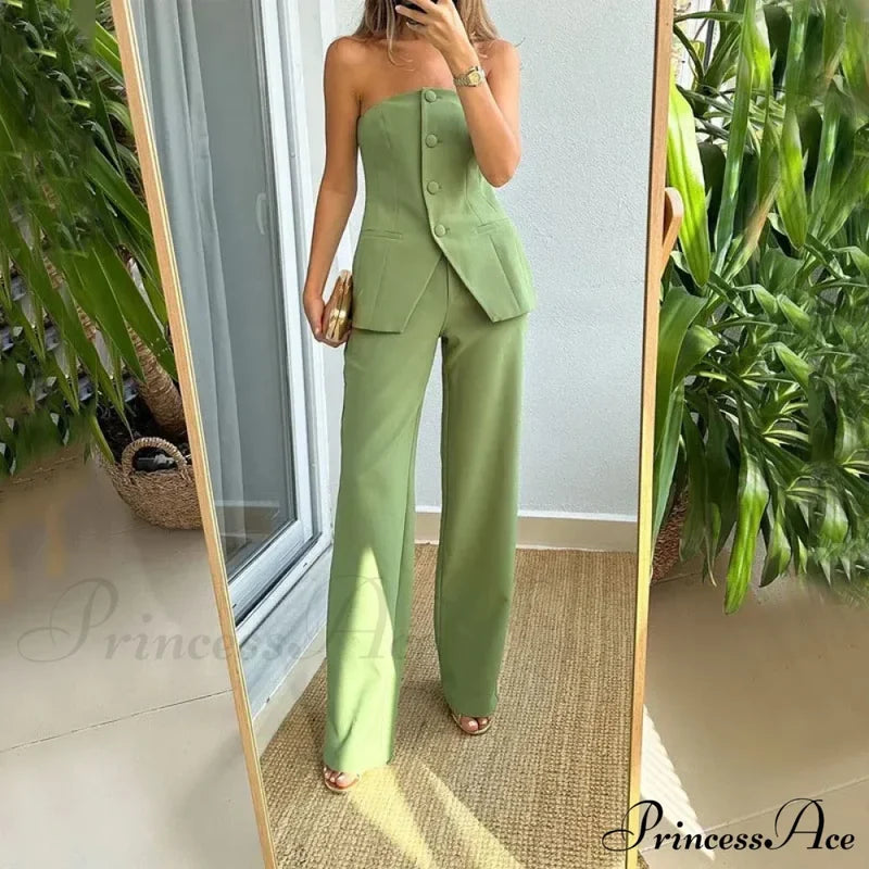 Strapless Button Top Long Pants Slim Party Sleeveless Suit Green / Xs