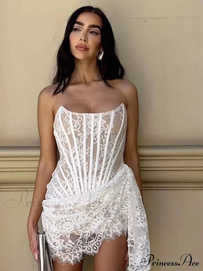 Strapless Lace Corset Mini Dress - Sleeveless Bodycon Christmas Party Dresses-L