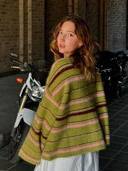 Stripe V-neck Single Breasted Cardigan