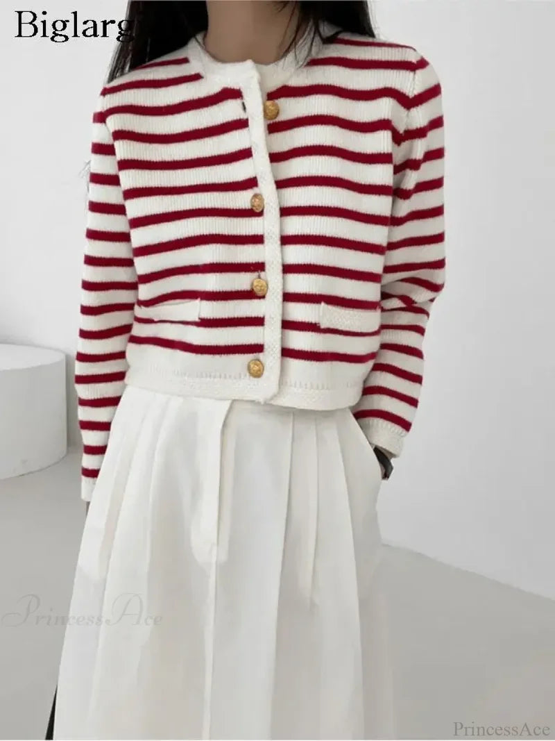 Striped Print Cropped Loose Knit Knit Cardigan cardiagn-250126