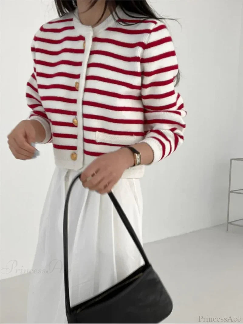 Striped Print Cropped Loose Knit Knit Cardigan cardiagn-250126