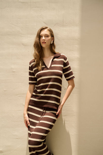 Striped short-sleeve collared top
