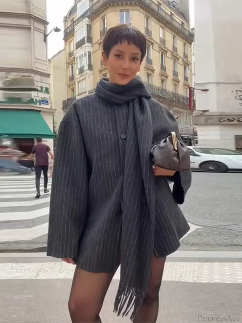 Striped Single Breasted Wool Coat