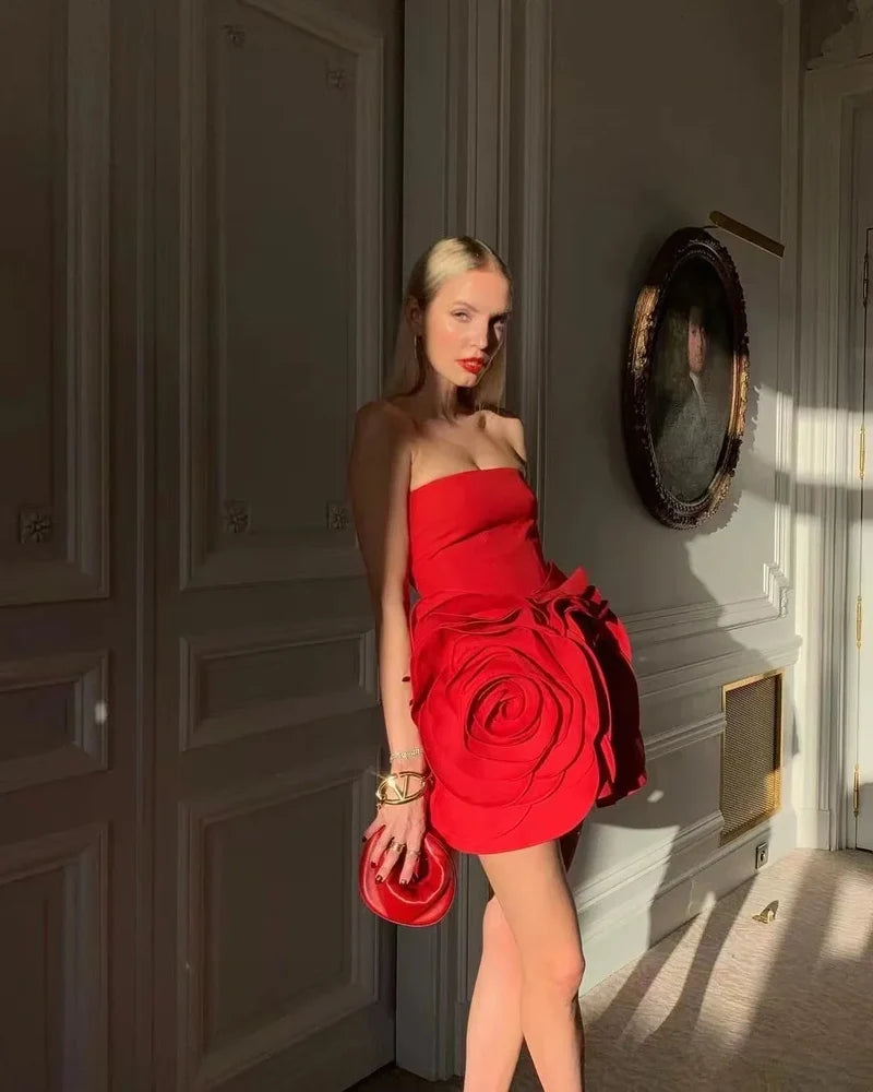 Stylish Stereoscopic Flowers Strapless Glamorous Christmas Party Dress Dresses-L