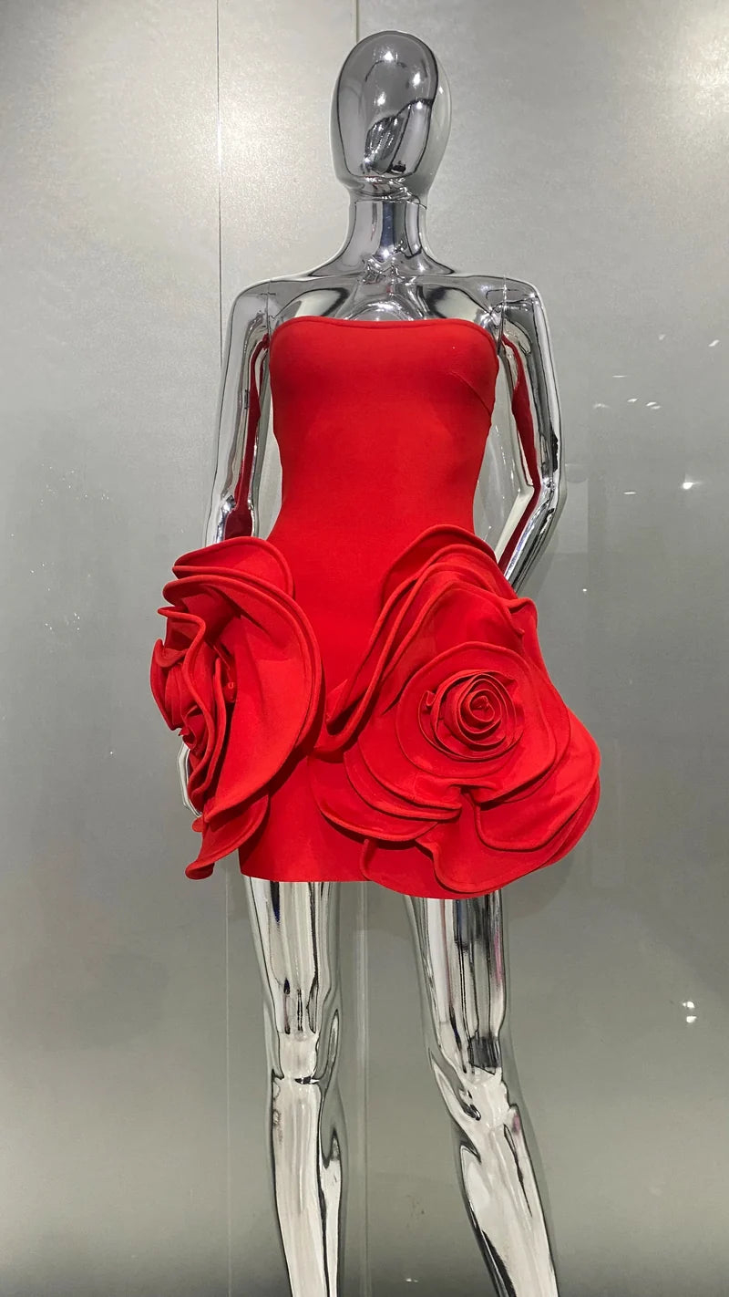 Stylish Stereoscopic Flowers Strapless Glamorous Christmas Party Dress Red / S Dresses-L
