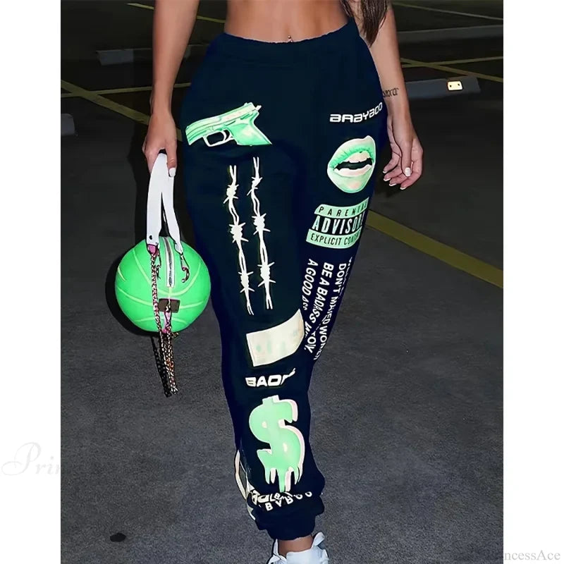 Summer Graphic High Waist Jogger Pants Green Black / S