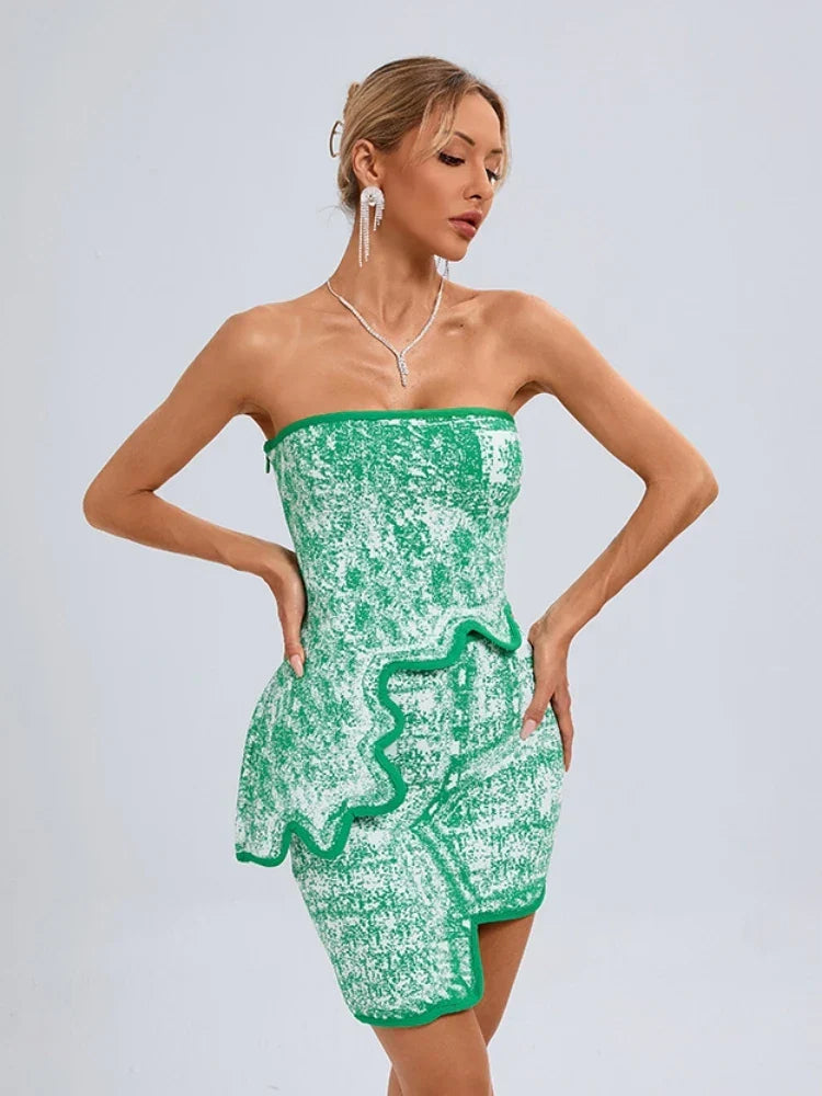 Summer Sexy Asymmetric Strapless Top Mini Skirts Two Piece Christmas Party Dress Green / Xs