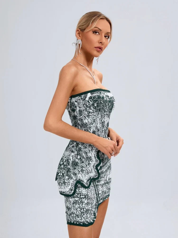 Summer Sexy Asymmetric Strapless Top Mini Skirts Two Piece Christmas Party Dress Dresses-L